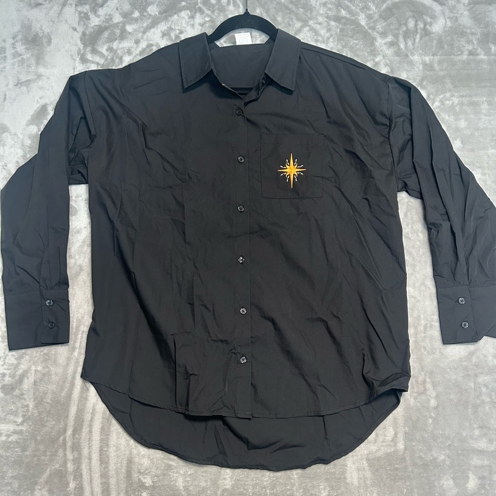 Life Button Down Long Sleeve Shirt Women’s Large Black Embroidered Astrology Art